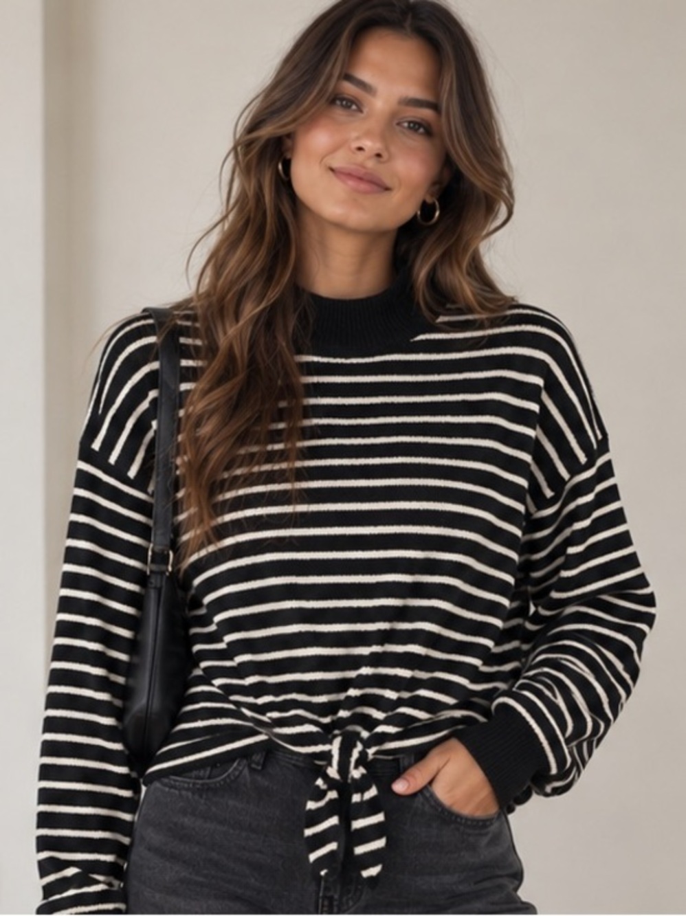 Loft Striped black and white striped sweater with knotted waist small - Picture 1 of 10